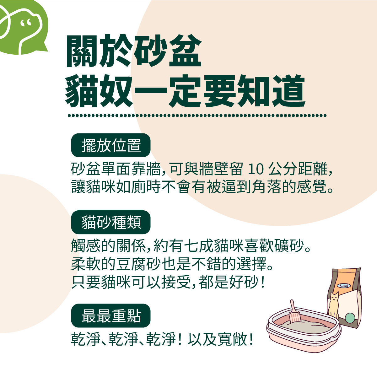 砂盆單面靠牆，可與牆壁留 10 公分距離，讓貓咪如廁時不會有被逼到角落的感覺。觸感的關係，約有七成貓咪喜歡礦砂。柔軟的豆腐砂也是不錯的選擇。最重要的是：乾淨、乾淨、乾淨！ 以及寬敞！