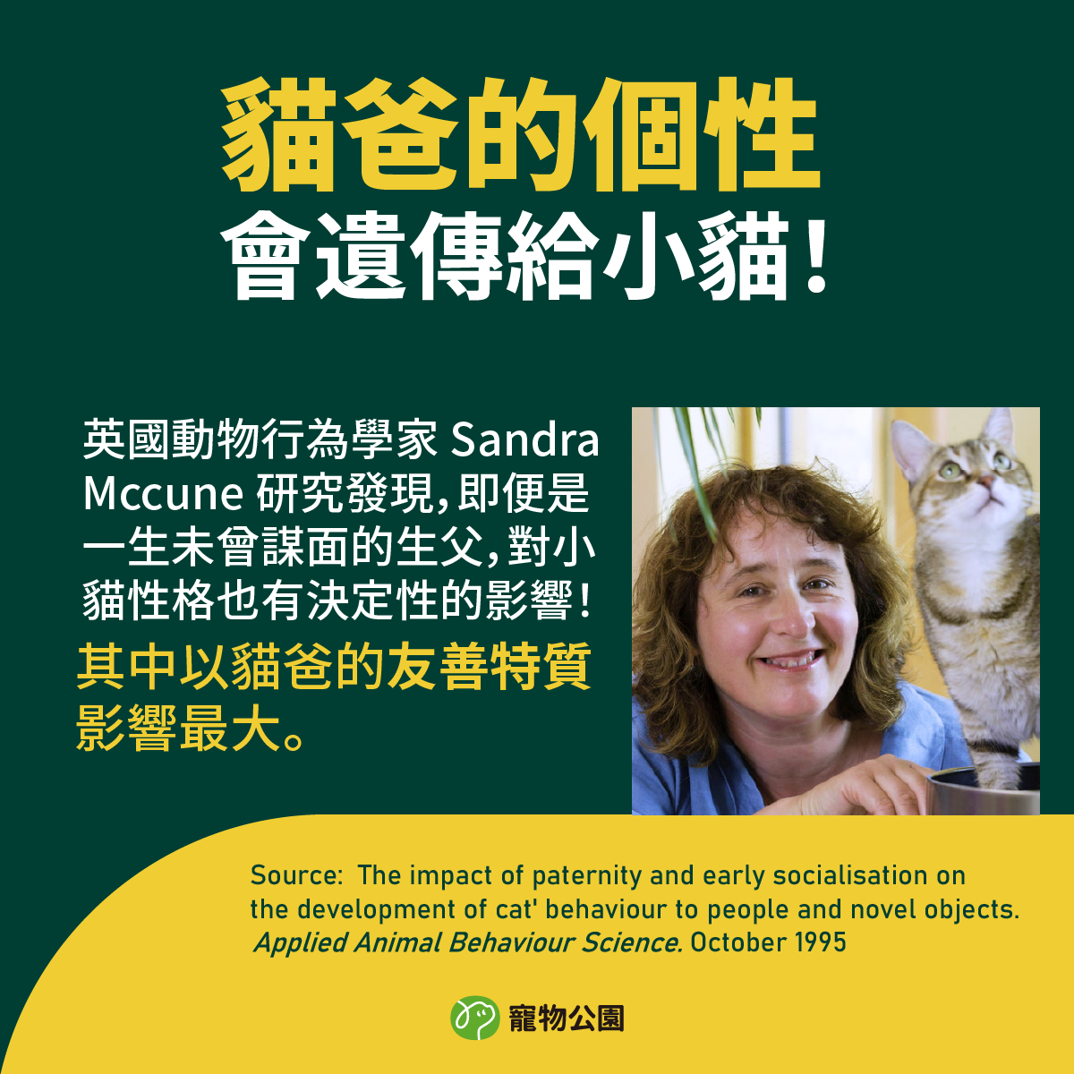 英國動物行為學家 Sandra Mccune 研究發現，即便是一生未曾謀面的生父，對小貓性格也有決定性的影響！其中以貓爸的友善特質影響最大。
