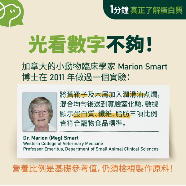 加拿大的小動物臨床學家 Marion Smart 博士在 2011 年做過一個實驗：將舊靴子及木屑加入潤滑油煮爛，混合均勻後送到實驗室化驗，數據顯示蛋白質、纖維、脂肪三項比例皆符合寵物食品標準。營養比例是基礎參考值，仍須檢視製作原料！